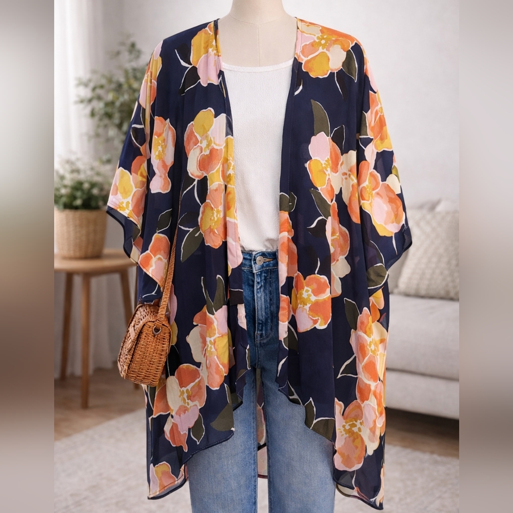 Maurices Floral Kimono Cardigan - Navy and Orange